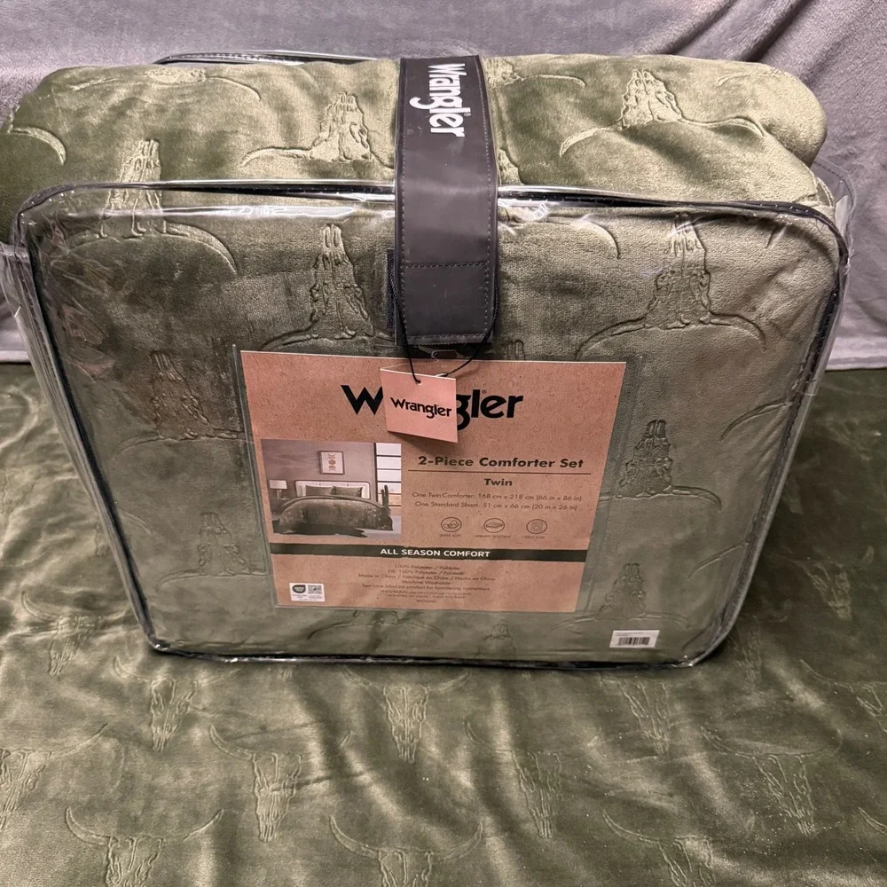Wrangler Comforter Set Twin Olive‎ Green NEW Plush Longhorn Skull Western